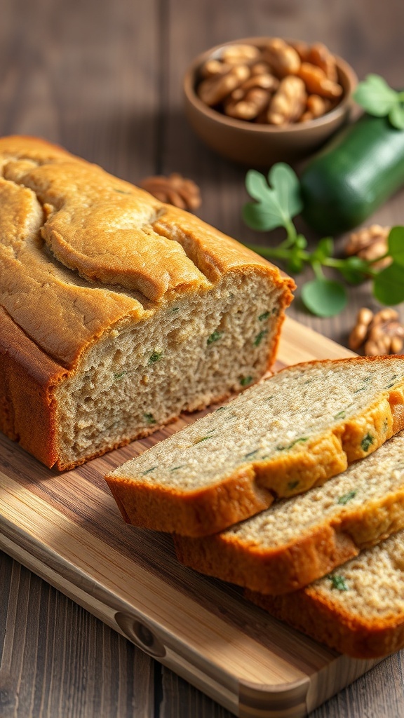 Sliced whole wheat zucchini bread on a cutting board with walnuts and zucchini leaves.